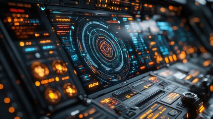 Obraz premium Futuristic control panel with glowing interfaces and buttons.