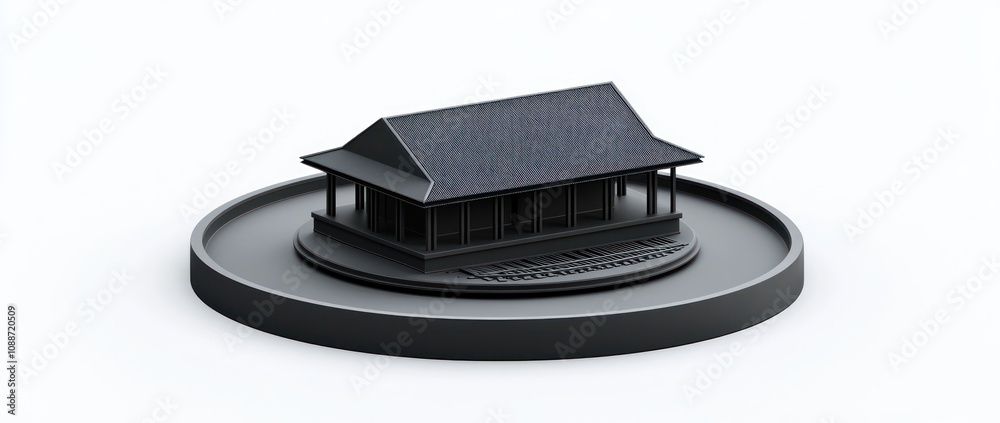 Aufkleber A 3D model of a traditional-style building on a circular base.