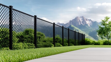 Fototapeta premium A black fence in a scenic landscape with mountains in the background.