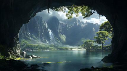 Serene Mountain Lake View from Cave, Peaceful Nature Escape
