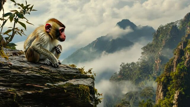 Assamese Macaque with a curious expression, set against a misty mountain forest.