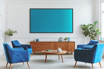 Modern living room with blue chairs and wood floor