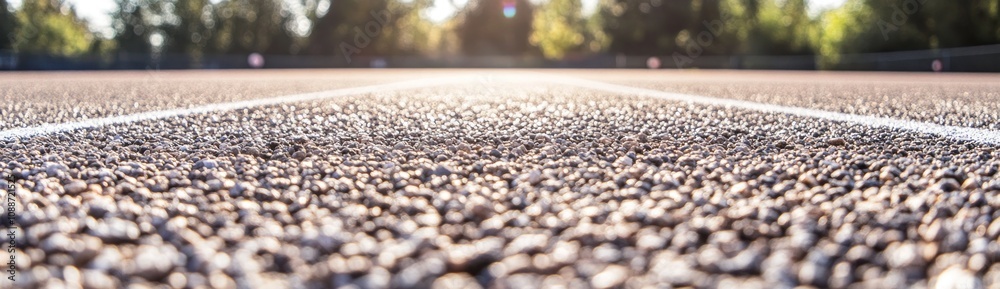 Poster A close-up view of a running track with textured surface and distant greenery.