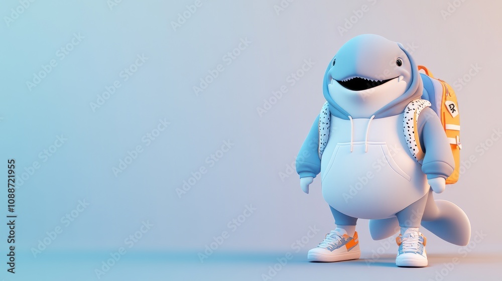 Poster a cartoonish shark character in casual attire with a backpack, set against a gradient background.