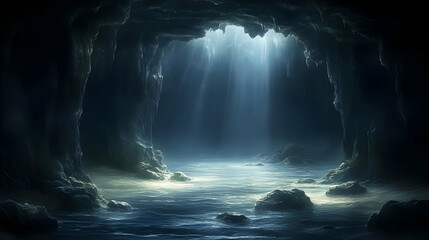 Sunbeams Illuminate Deep Underwater Cave, Mystical Scene