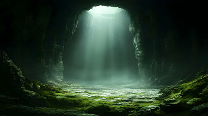 Sunbeams Illuminate Mysterious Cave's Mossy Floor