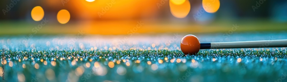 Poster a close-up of a mallet and ball on a grassy field during sunset.