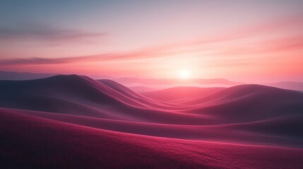 Serene landscape with rolling hills and a vibrant sunset.