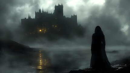 Dark Castle by Foggy Lake: A Mysterious Night