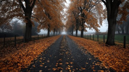 Naklejka premium Misty autumn landscape with a path lined by trees covered in orange leaves, creating a tunnel effect. Fallen leaves cover the ground, enhancing the seasonal atmosphere.
