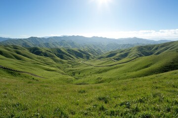 Naklejka premium Breathtaking green hills nature landscape mountain range vibrant environment wide-angle view serenity and peace