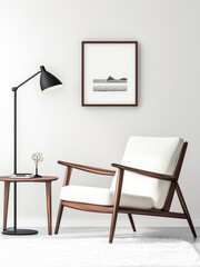 

A cozy modern interior with a wooden armchair and soft cushions.