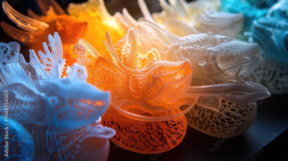 Poster colorful intricate three dimensional printed sculptures