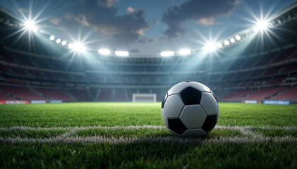 Fototapeta premium A soccer ball rests on green grass near a stadium.