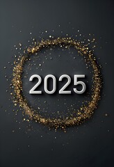 Elegant golden sparkles encircle 2025 on dark backdrop, New Year celebration banner