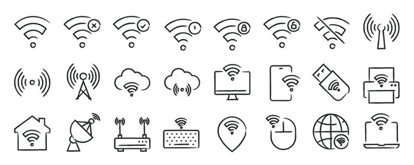 Wireless network hand drawn doodle sketch style line icons