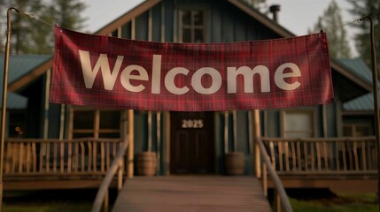 Obraz premium Welcome banner at a cozy cabin entrance.