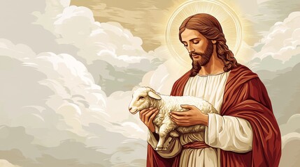 Fototapeta premium Jesus A man holding a lamb in his arms, with a cross in the background