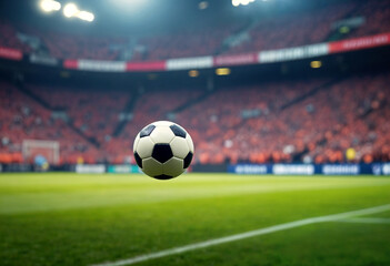 A soccer ball flies above a stadiums grassy field.