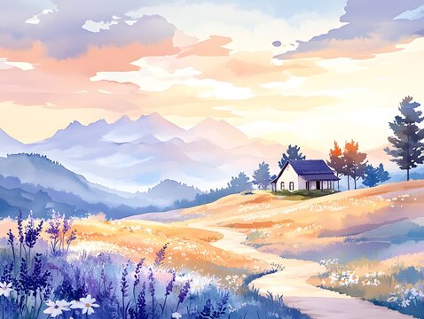 Watercolor wall art concept.A serene landscape featuring rolling hills, a quaint house, and vibrant flowers under a colorful sunset sky.