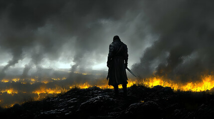 Warrior Observes Fiery Landscape, Dark Clouds Loom