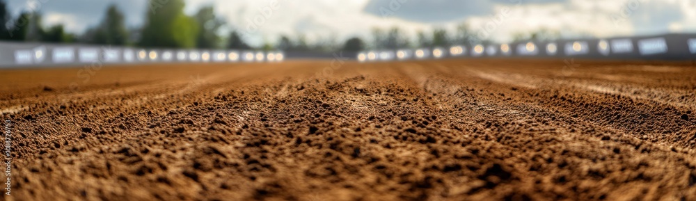 Poster a close-up view of a dirt racetrack with blurred background lights and greenery.