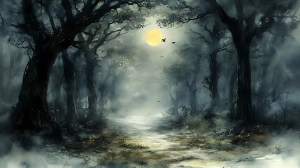 Fototapeta premium Moonlit Forest Path: Mystical Night Scene with Birds