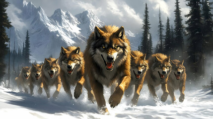 Naklejka premium Wolves Running Through Snowy Mountains Wildly