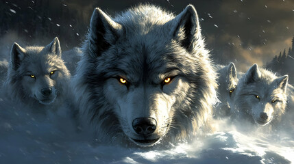 Obraz premium Wolves Hunt in Snowy Wilderness, Fierce Eyes Glare