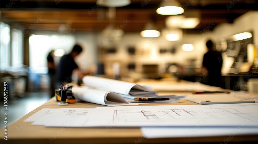 Poster a workspace featuring architectural plans and tools, highlighting design and collaboration.