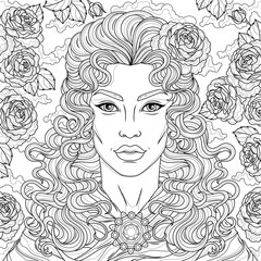 Woman and roses.Coloring book antistress for children and adults. 