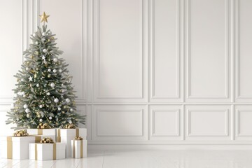 White wall with a Christmas tree christmas elegant gifts.