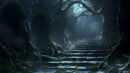 Enchanted Forest Stairway: Mystical Stone Steps Winding Through Ancient Trees
