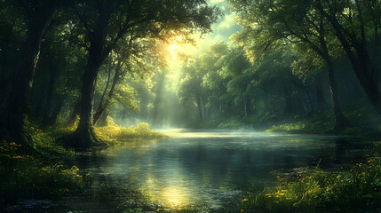 Sunlit River Flows Through Lush Green Forest