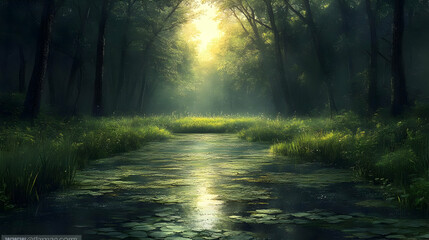 Naklejka premium Sunlit Forest Stream: Serene Nature Scene, Tranquil Waters, Lush Greenery, Magical Atmosphere, Peaceful Escape, Mystical Woodland, Dreamlike River, Sunlight Through Trees, Calm Water, Green Foliage.