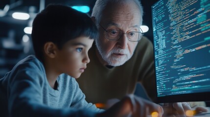 Grandparent coding with grandchild, elderly teaching coding basics to a curious child, fostering creativity and learning.