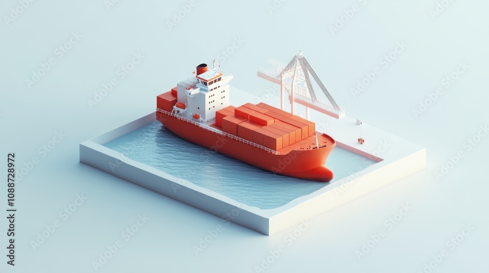 Poster a 3d model of a cargo ship at a dock with a crane, showcasing transport logistics.