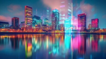 Fototapeta premium Vibrant cityscape at night, reflected in calm water.