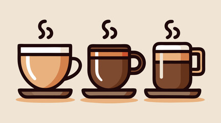three steaming coffee cups illustration for cafe menu or coffee shop branding