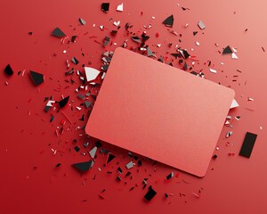 Protecting Identity from Security Risks with a Concept. A vibrant red background featuring a blank card surrounded by scattered black and white shards, symbolizing creativity and destruction.