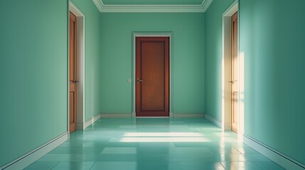 Obraz premium Long wall, mint-colored, light-colored floor, brown door.