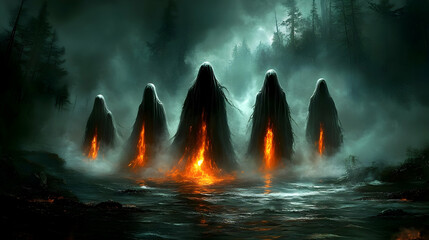 Fiery Figures Emerge from Dark Forest Waters