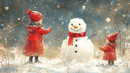Children playing in snow with a snowman in winter landscape