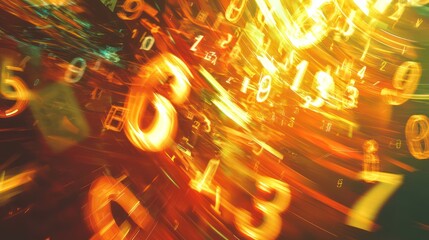 A dynamic digital abstract image featuring floating numbers and mathematical symbols