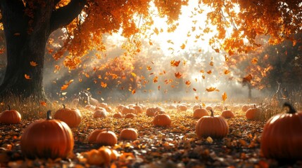 Pumpkins in a Forest Clearing with Falling Autumn Leaves