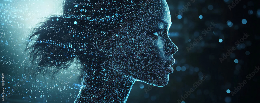 Wall mural digital representation of woman profile, showcasing data patterns and technology. image conveys sens