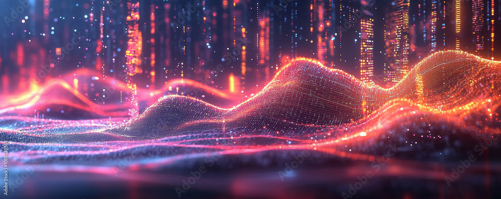 Wall mural abstract digital landscape with glowing waves and vibrant colors, representing data visualization an