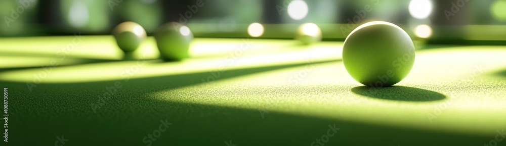 Poster a close-up view of billiard balls on a green felt table, illuminated by soft lighting.