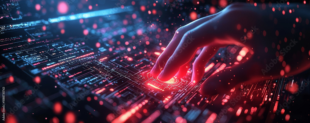 Wall mural futuristic hand interacting with digital interface, showcasing advanced technology and data visualiz