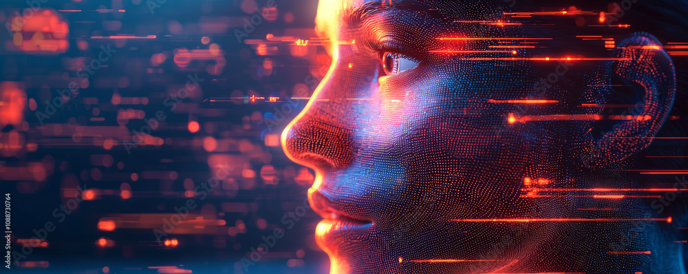 Wall mural ai technology visualized through digital face with glowing lines, representing machine learning and 